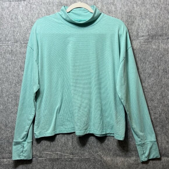 Lands End Long Sleeve Mock Neck Top Womens Large Stripe Layering Thumbhole - Picture 1 of 8